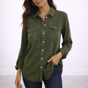 Vince Utility Button Down Shirt L Green Long Sleeve Minimalist Blouse
